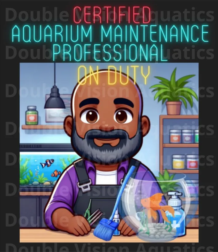 Aquarium Professional design — a cartoon aquarist at a fishbowl under a neon Certified Aquarium Maintenance Professional On Duty sign