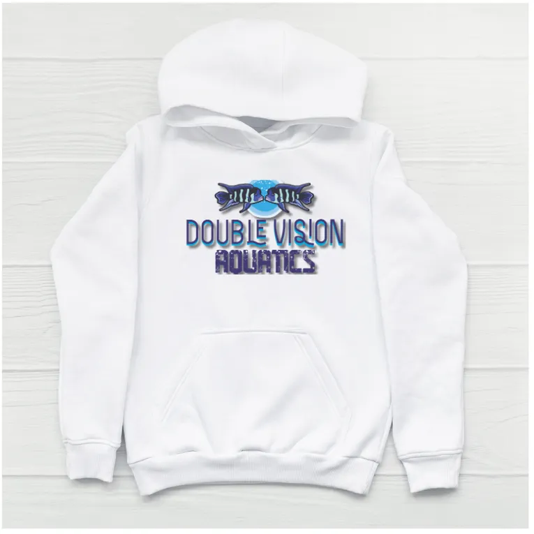 White Double Vision Aquatics hoodie with the two-cichlid logo design, laid flat on a white wood background
