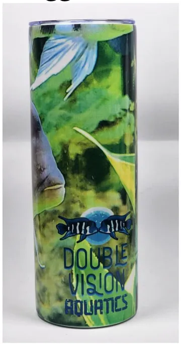 RIP Biggee Frontosa tumbler — green planted-tank scene wrap featuring a frontosa cichlid with the DVA logo
